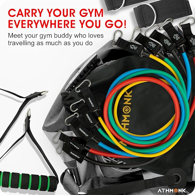 Athmonk Resistance Tube Band Set of 11 pcs - Resistance Bands for Men Women - with Toning Tubes, Door Anchor, Foam Handles, Ankle Straps, Workout Guide - 150 lbs